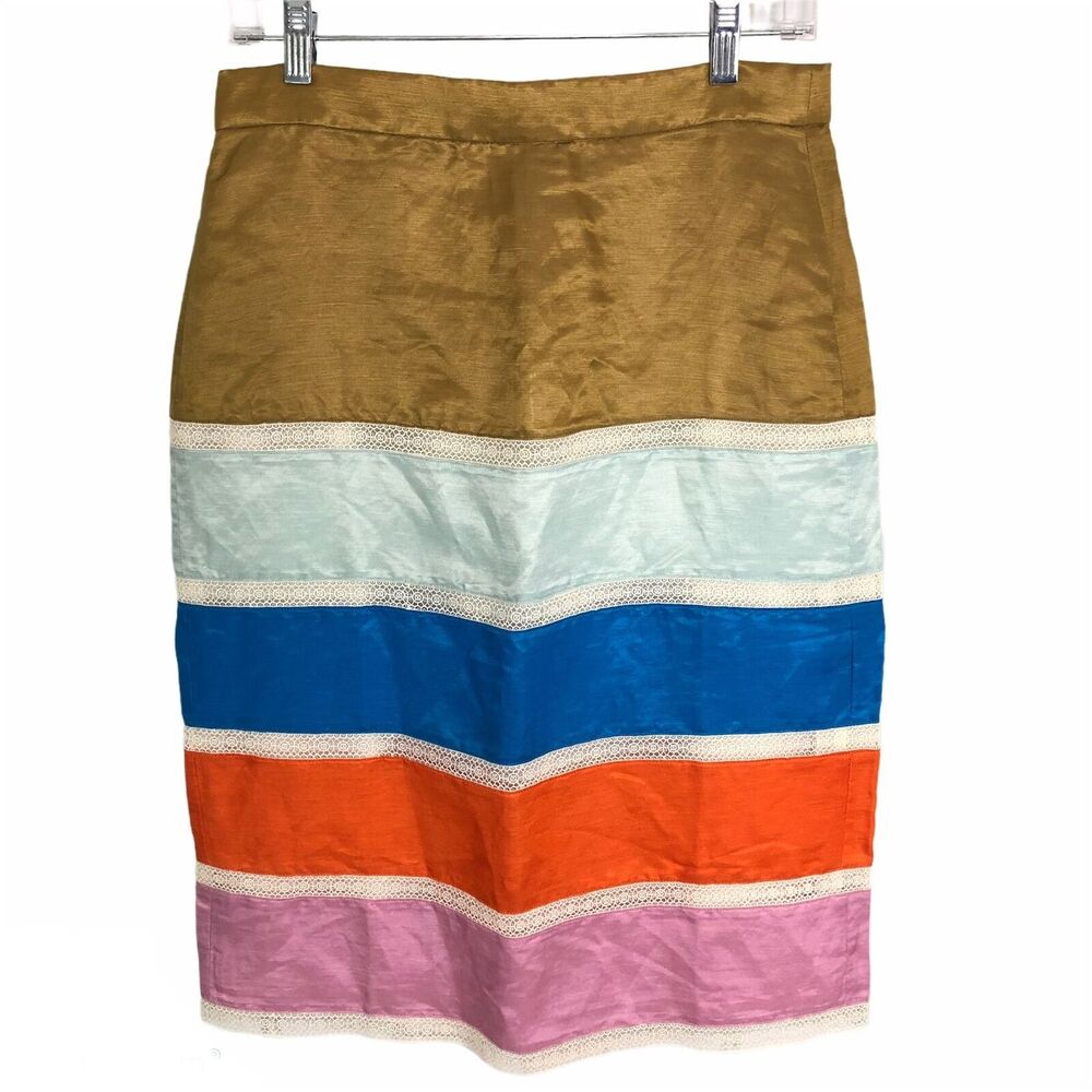 J. Crew Satin Pencil Skirt Knee Length Lined Size 6 Lace Trim Multi-Color NWT